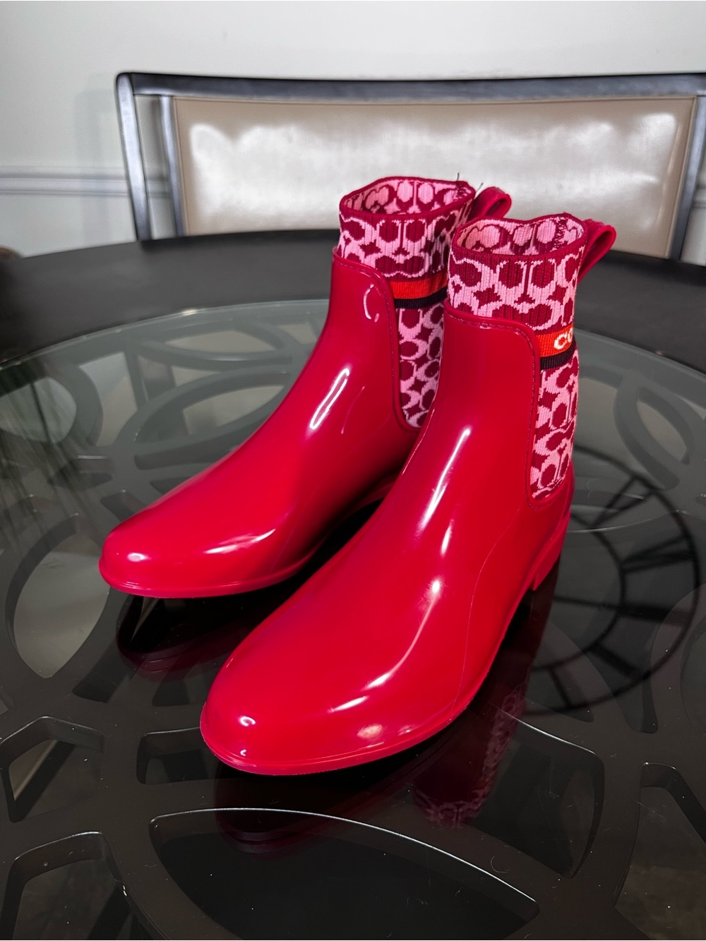 Coach Rivington Rain Bootie Candy Apple Red Rubber Chelsea Boots
Size 10